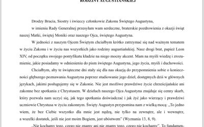 List generała Zakonu Augustianów, o. Alejandro Moral Antón do braci, sióstr i świeckich rodziny augustiańskiej z okazji uroczystości św. Moniki i św. Augustyna